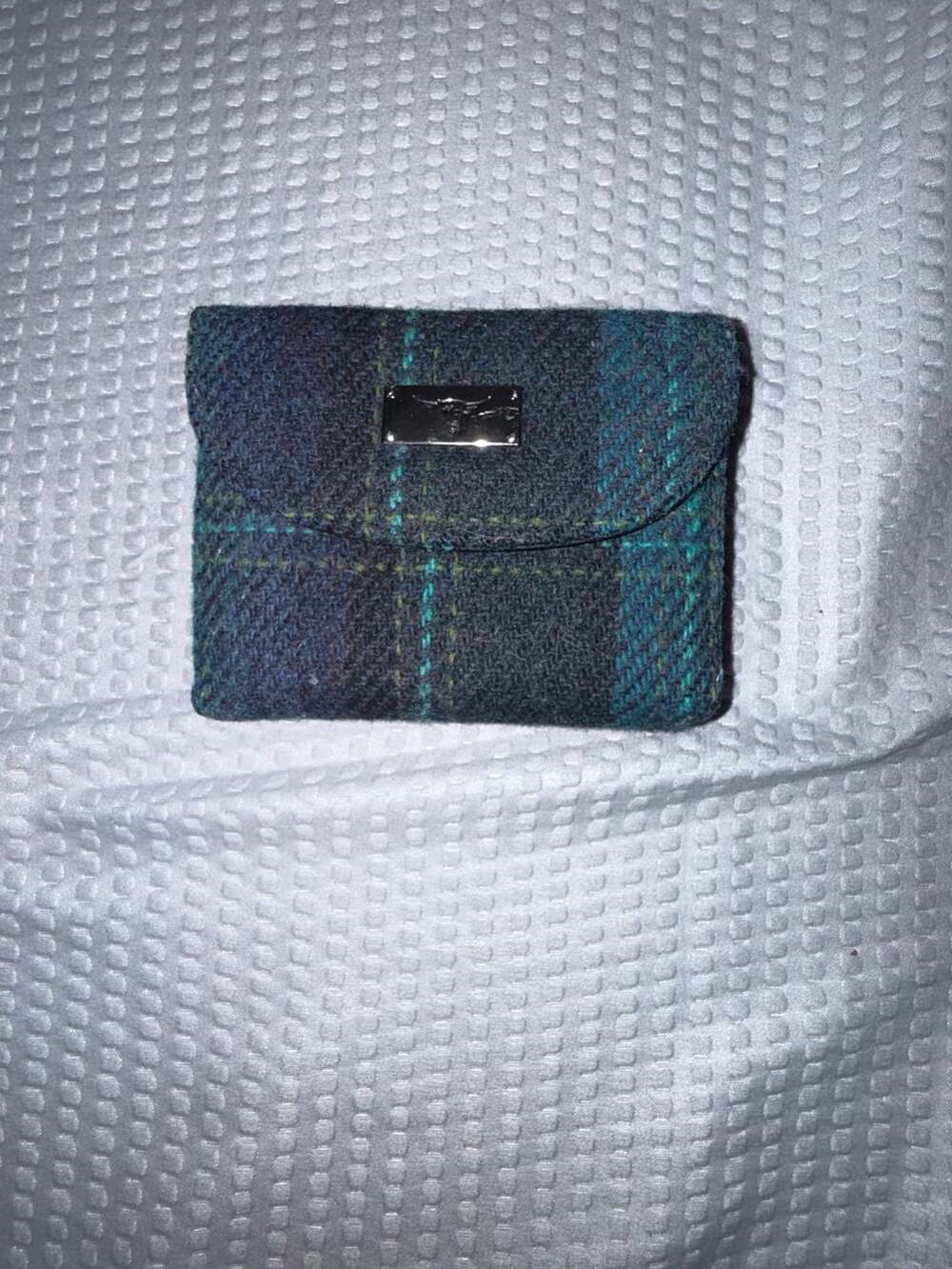 Glen Appin Harris Tweed Highland Cow Trifold Wallet Blue Green Tartan